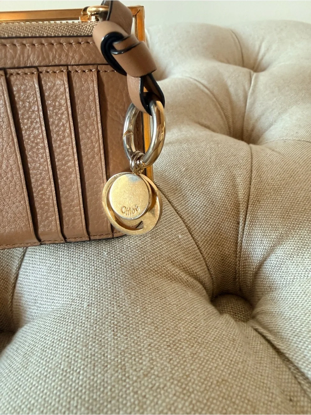 Chloé Alphabet Zip Leather Card Holder Wallet Tan Gold Charm Auth Cards
